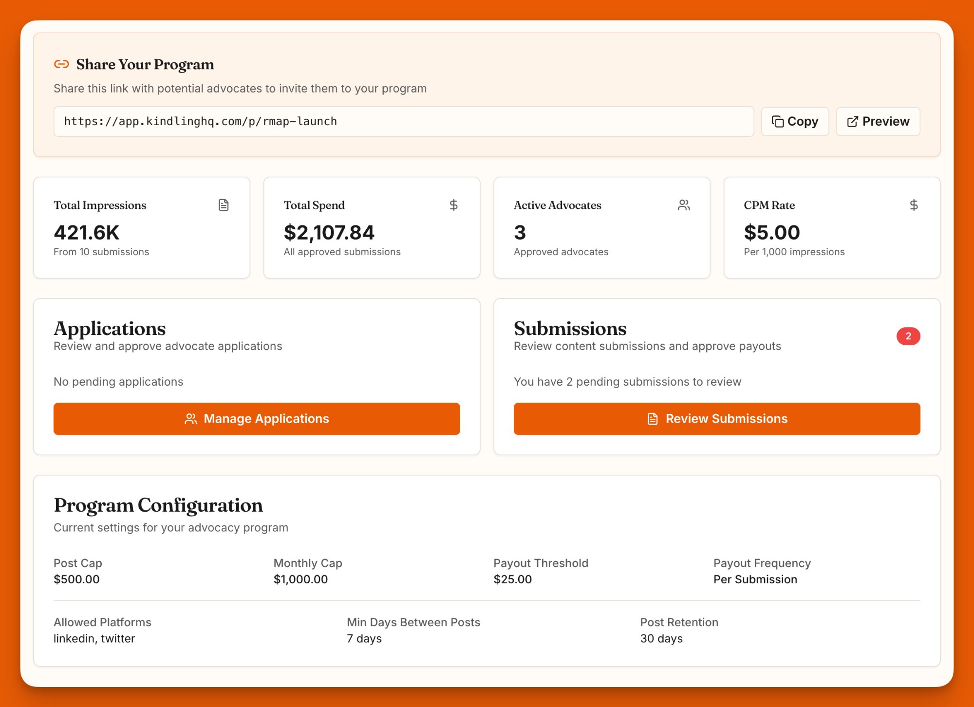 Kindling program configuration — rates, caps, and shareable invite link