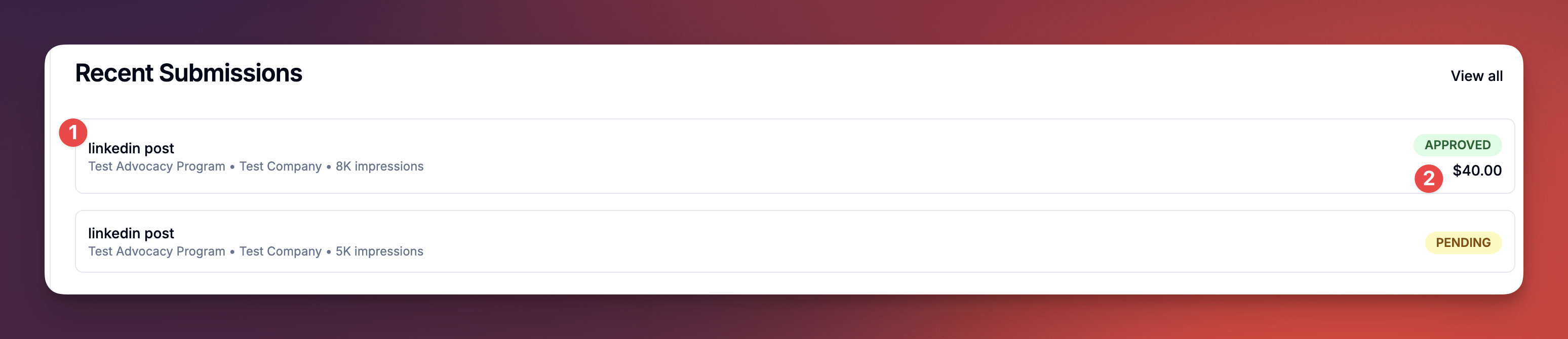 Kindling dashboard showing creator submissions with approval status and payment amounts